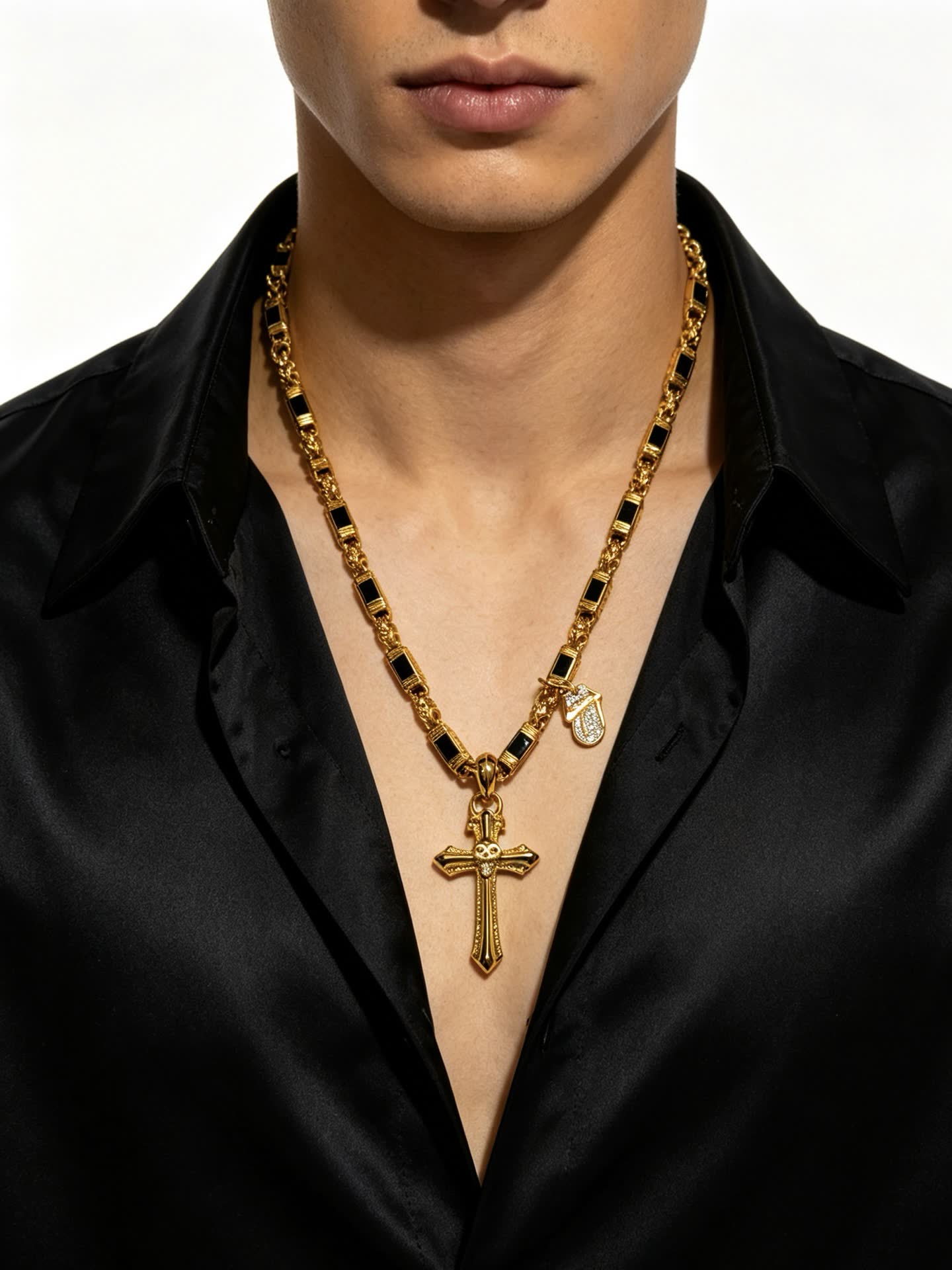 Chrome Hearts Gold Cross Pendant Necklace with Black Stones